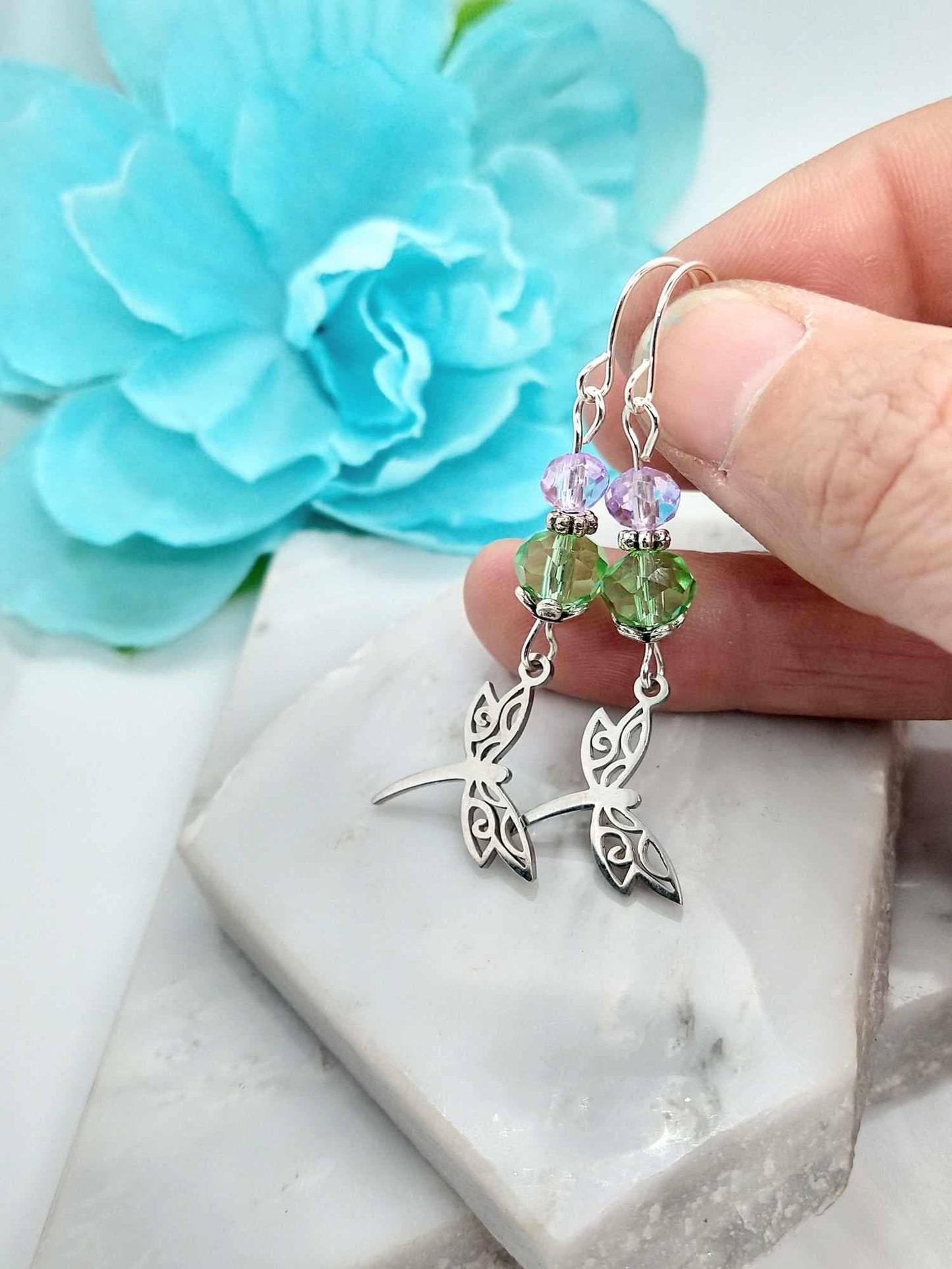 Dragonfly Charm Earrings with Glass Dangles - Stainless Steel Jewelry - Gift For Nature Lover - Dragonfly Jewelry