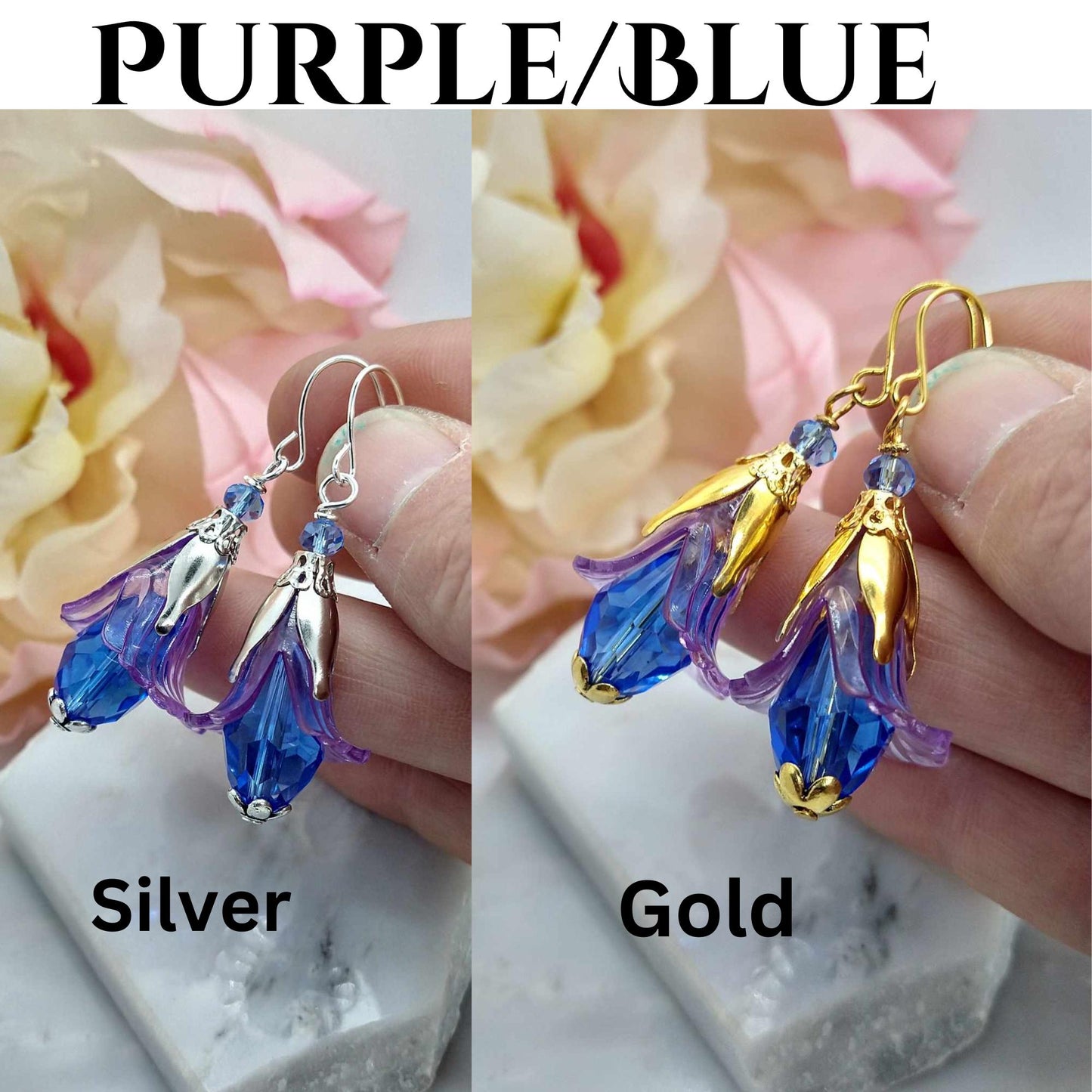 Purple Flower Dangle Earrings: Sterling Silver Floral Drops