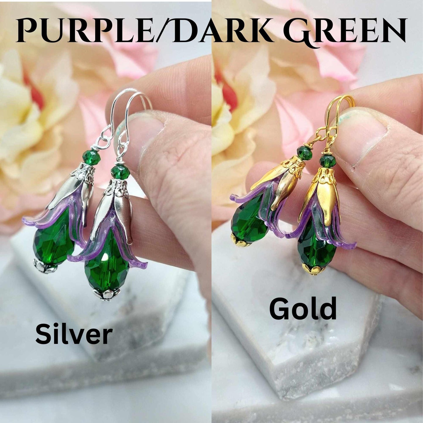 Purple Flower Dangle Earrings: Sterling Silver Floral Drops