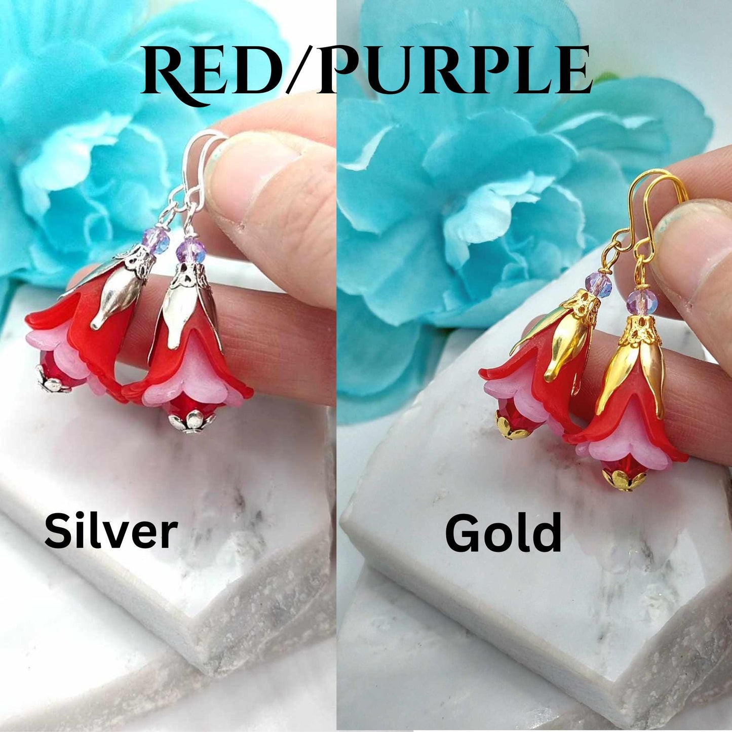 Red Floral Dangle Earrings: Acrylic Flower, Sterling Silver Option