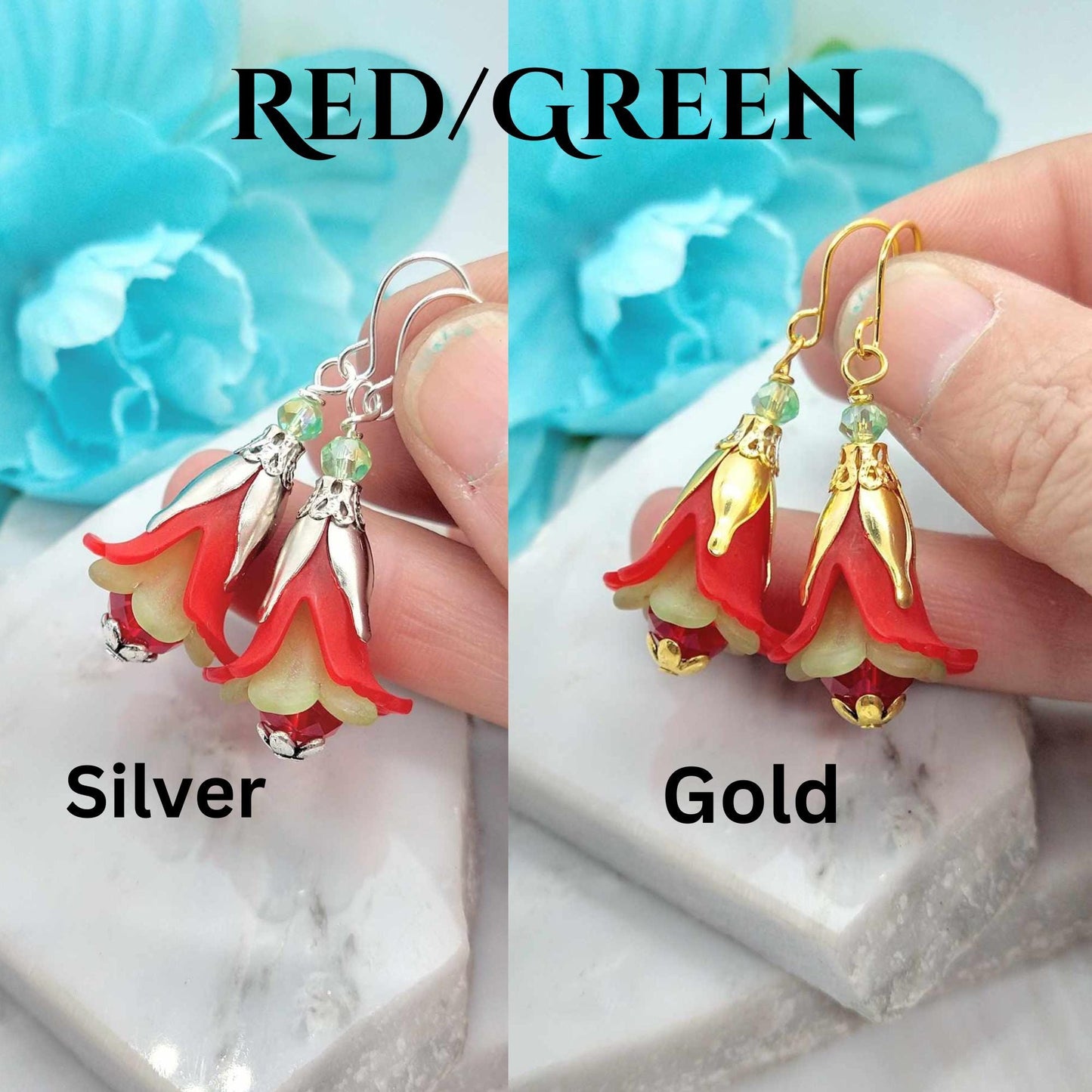 Red Floral Dangle Earrings: Acrylic Flower, Sterling Silver Option