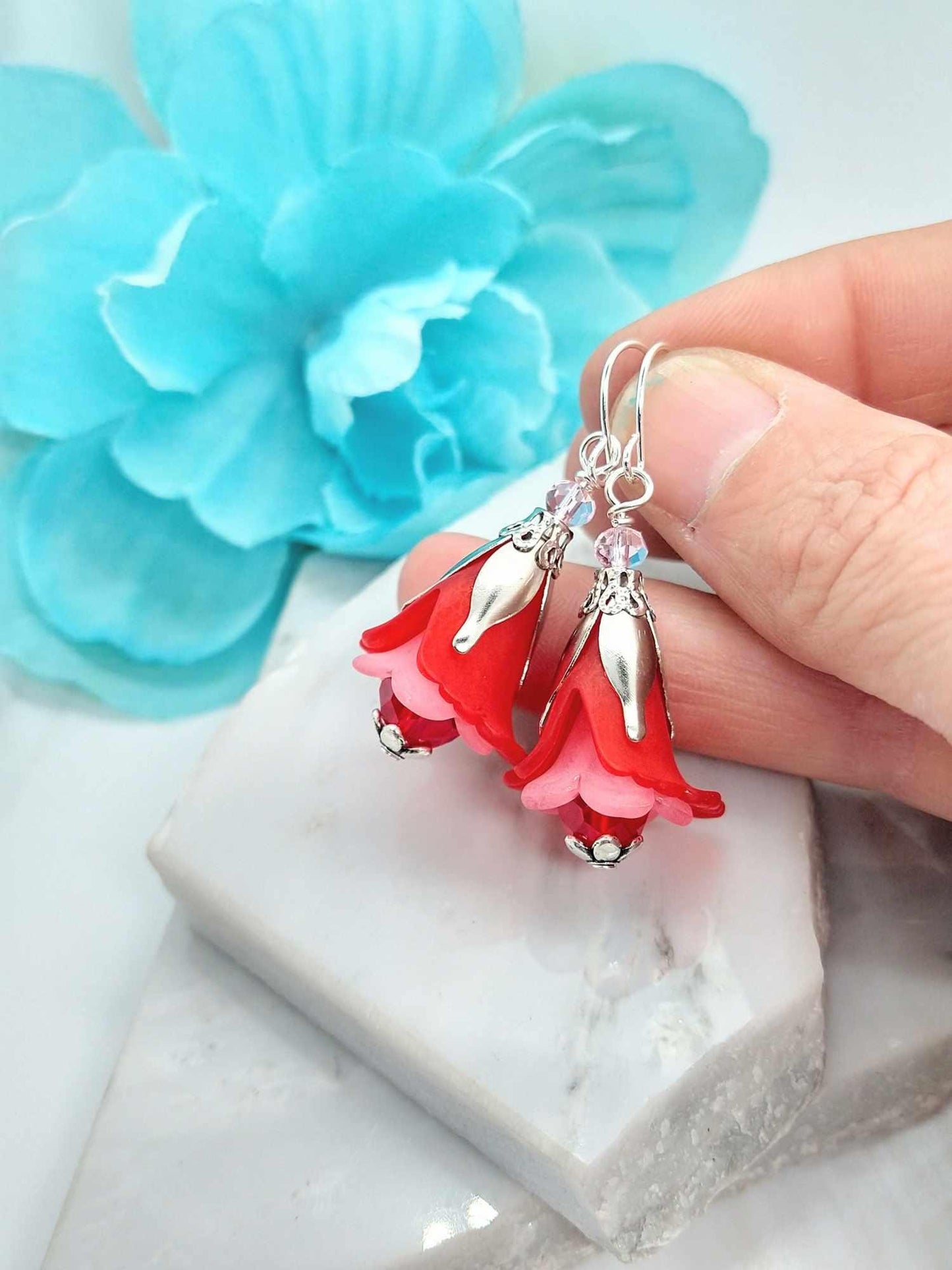 Red Floral Dangle Earrings: Acrylic Flower, Sterling Silver Option