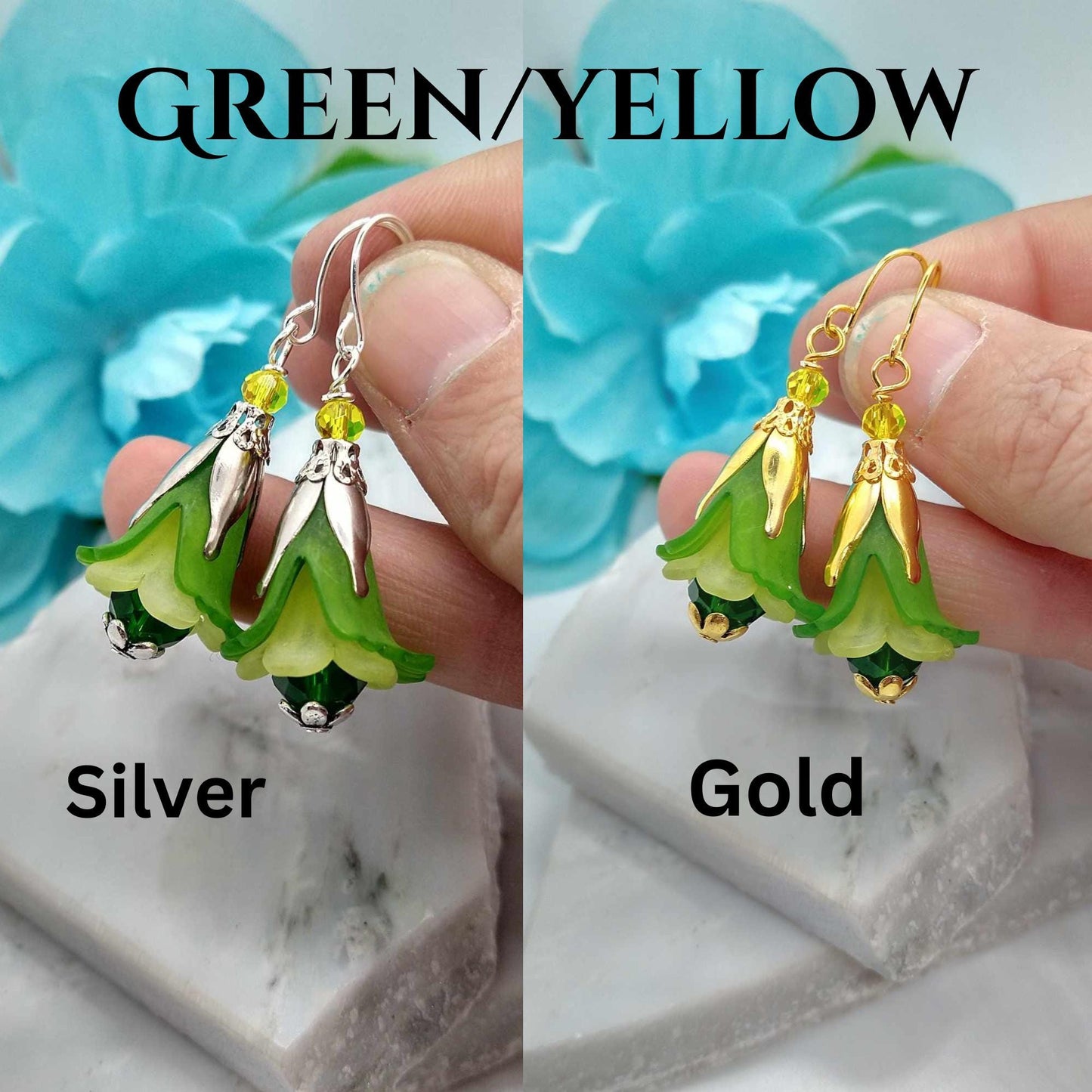 Green Floral Dangle Earrings: Sterling Silver Flower Jewelry