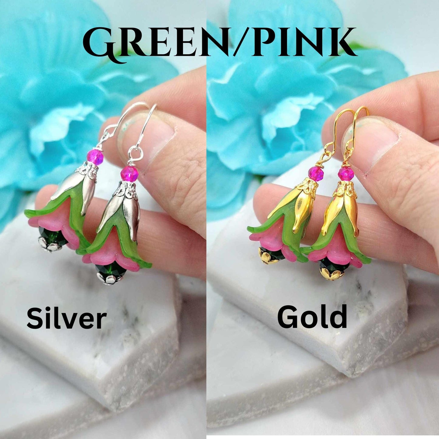 Green Floral Dangle Earrings: Sterling Silver Flower Jewelry