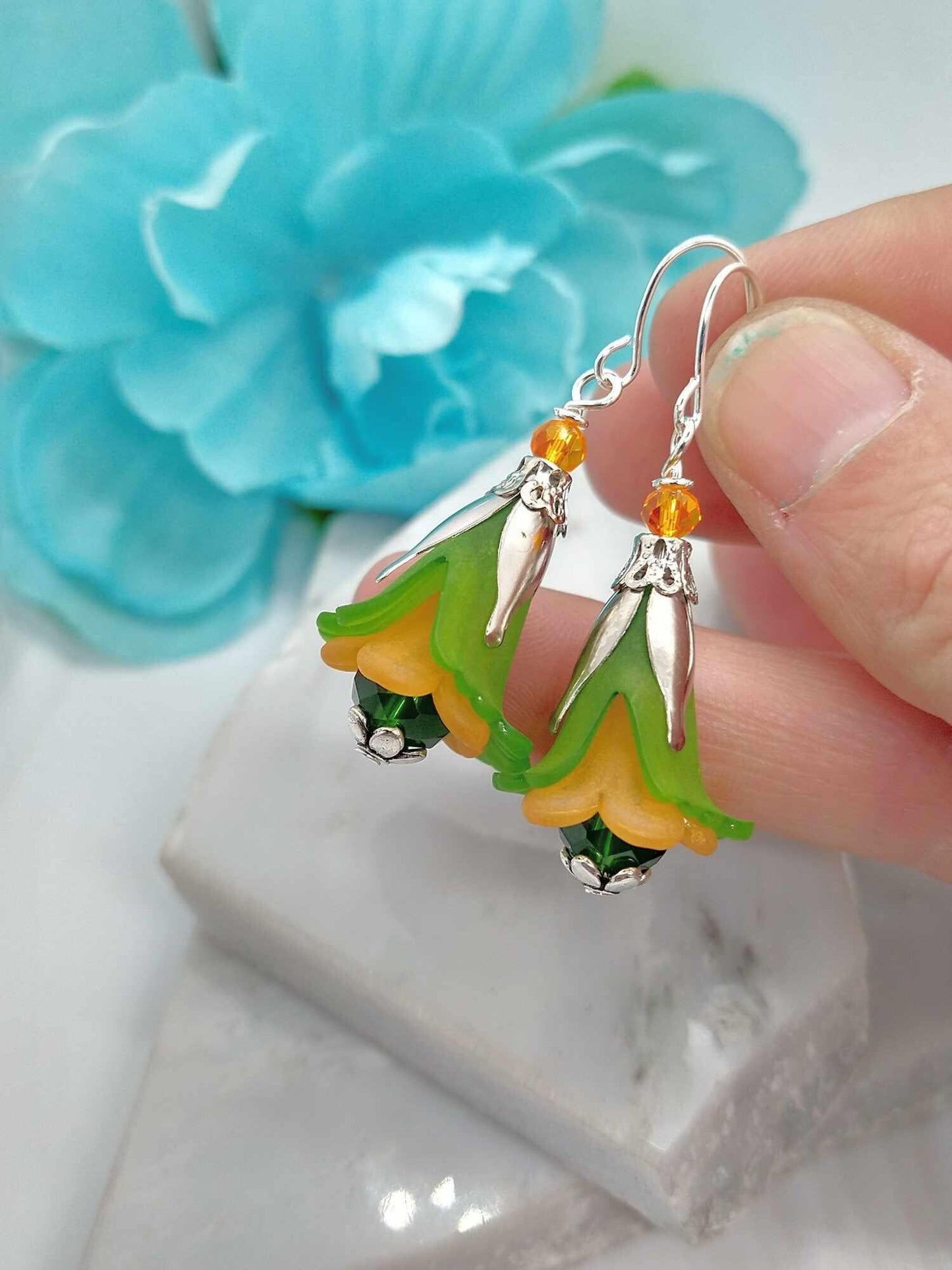 Green Floral Dangle Earrings: Sterling Silver Flower Jewelry