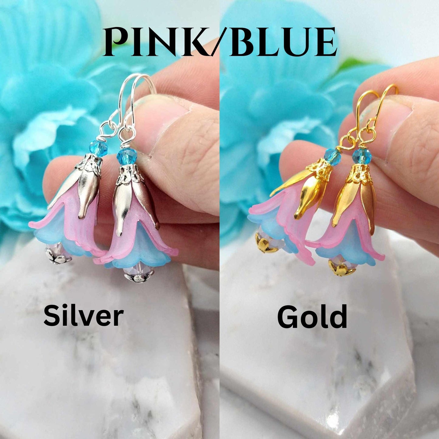 Pink & Blue Flower Dangle Earrings: Sterling Silver Floral Jewelry