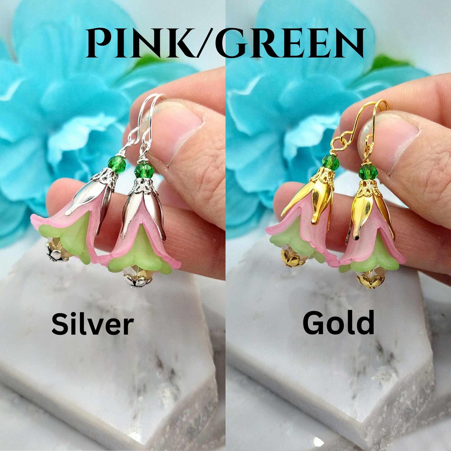 Pink & Blue Flower Dangle Earrings: Sterling Silver Floral Jewelry