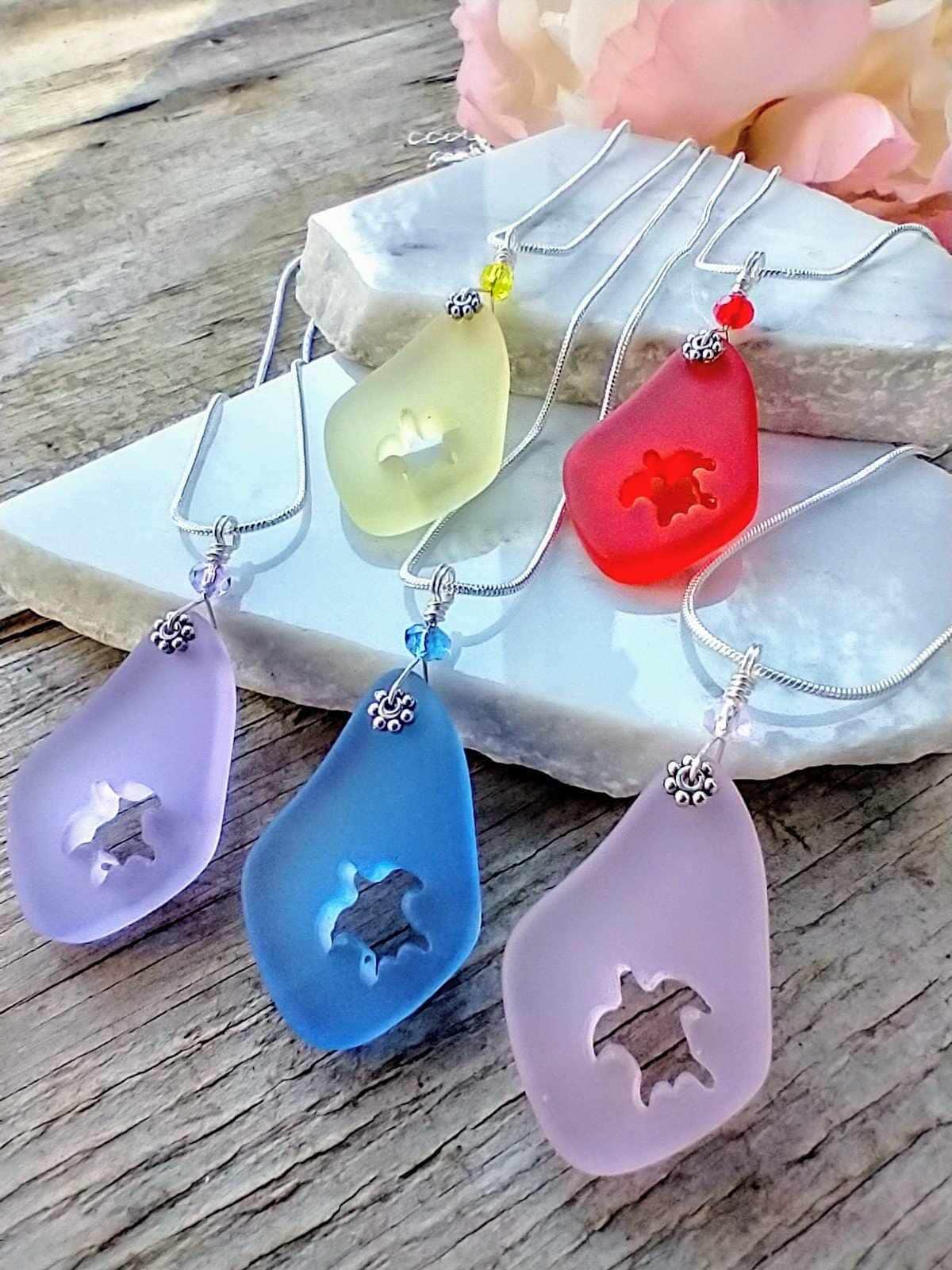 Sea Turtle Sea Glass Necklace: Sterling Silver Beach Jewelry