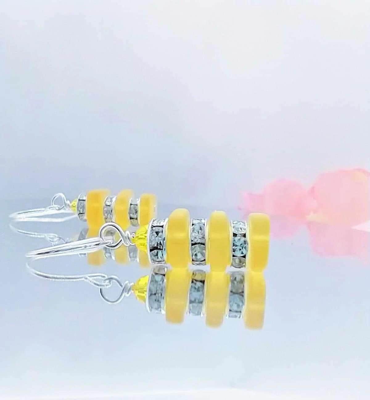 Yellow Sea Glass Dangle Earrings: Silver Rhinestone Accent