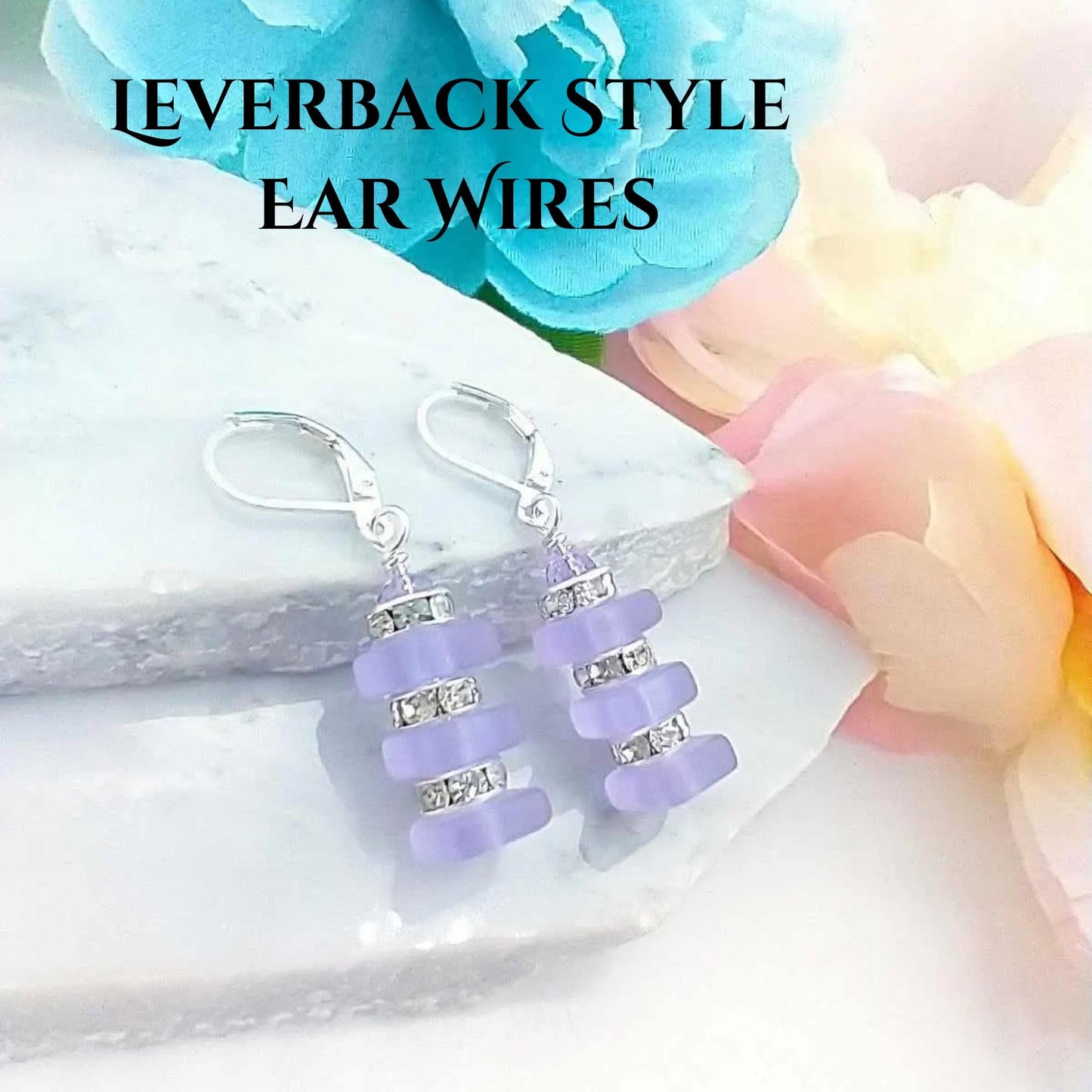 Purple Sea Glass Dangle Earrings: Silver Crystal Accent Jewelry