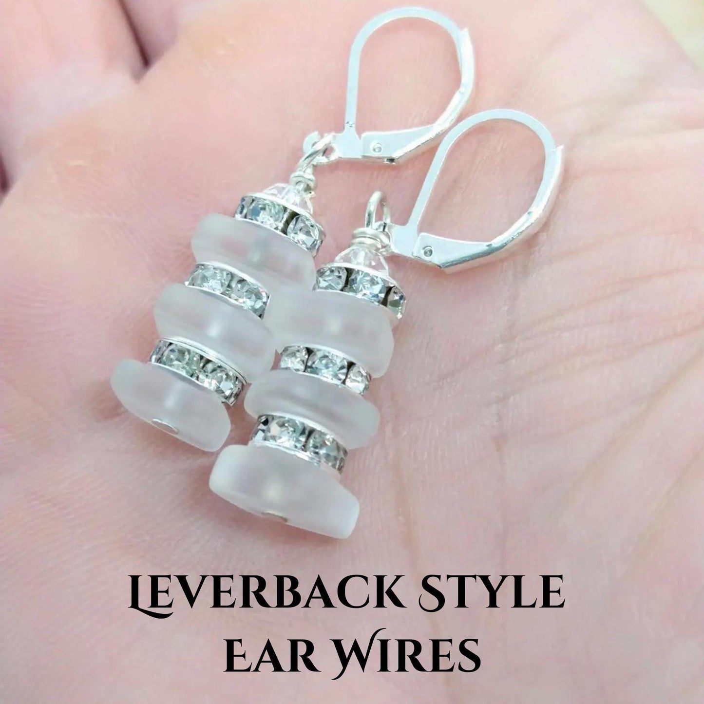 White Sea Glass Dangle Earrings: Silver Rhinestone Accent Jewelry