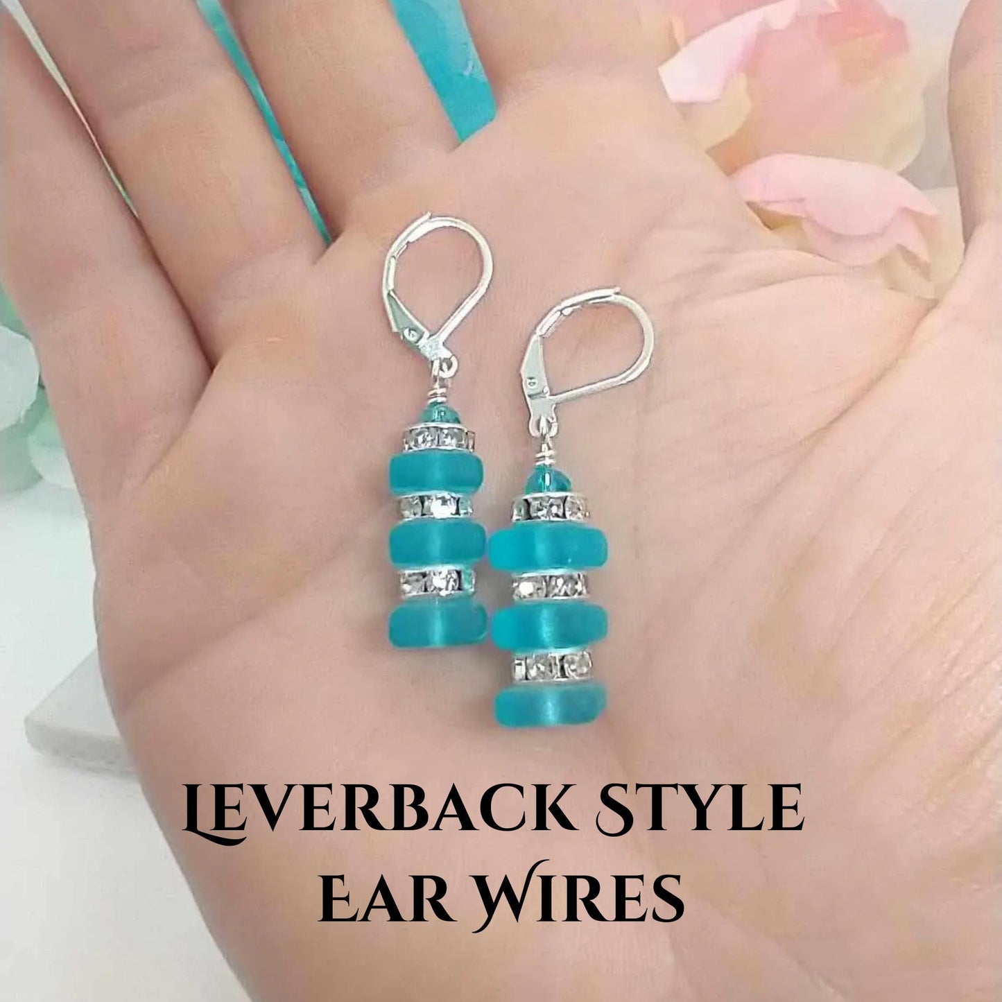 Blue Sea Glass Dangle Earrings: Crystal Accent Silver Jewelry