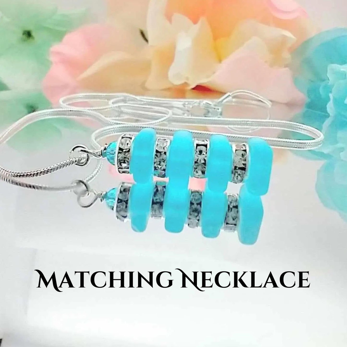 Blue Sea Glass Dangle Earrings: Crystal Accent Silver Jewelry