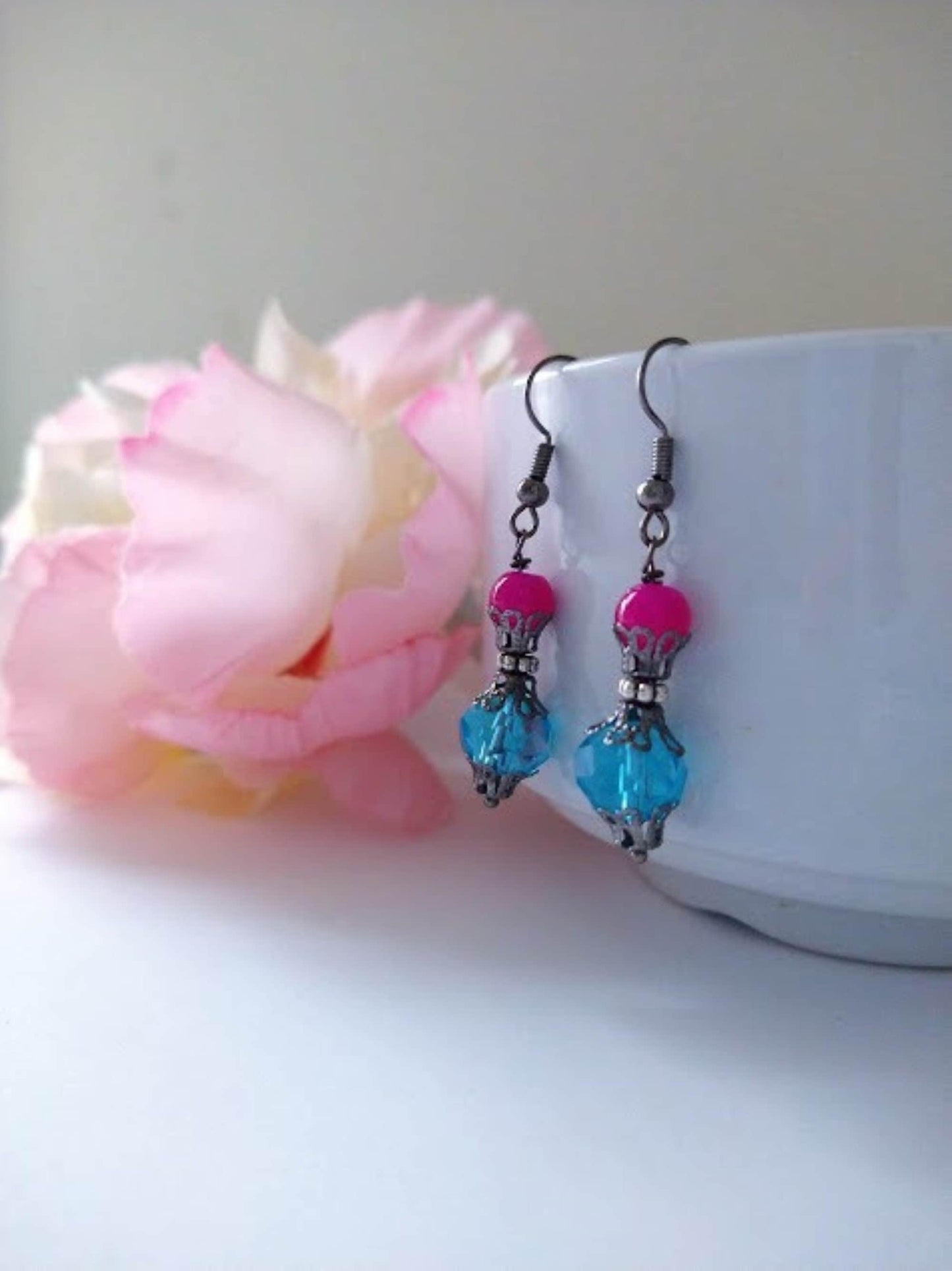 Blue Glass Dangle Earrings: Gunmetal Gray Bridesmaid Jewelry
