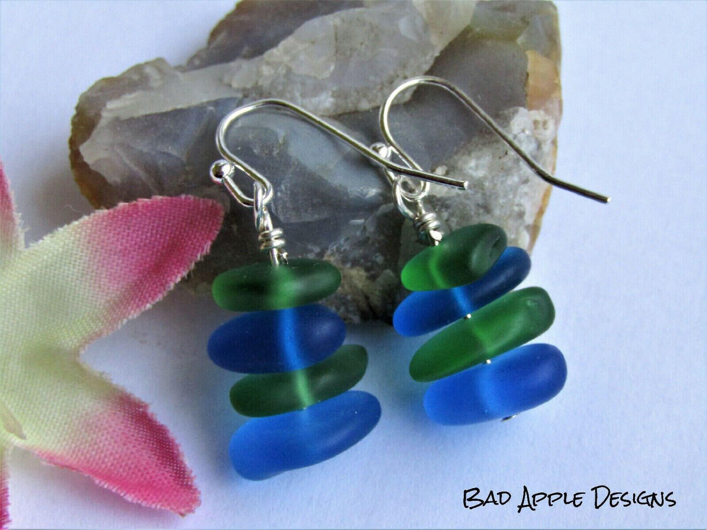 Stacked Sea Glass Earrings: Sterling Silver Dangles, Green & Blue Beach Jewelry