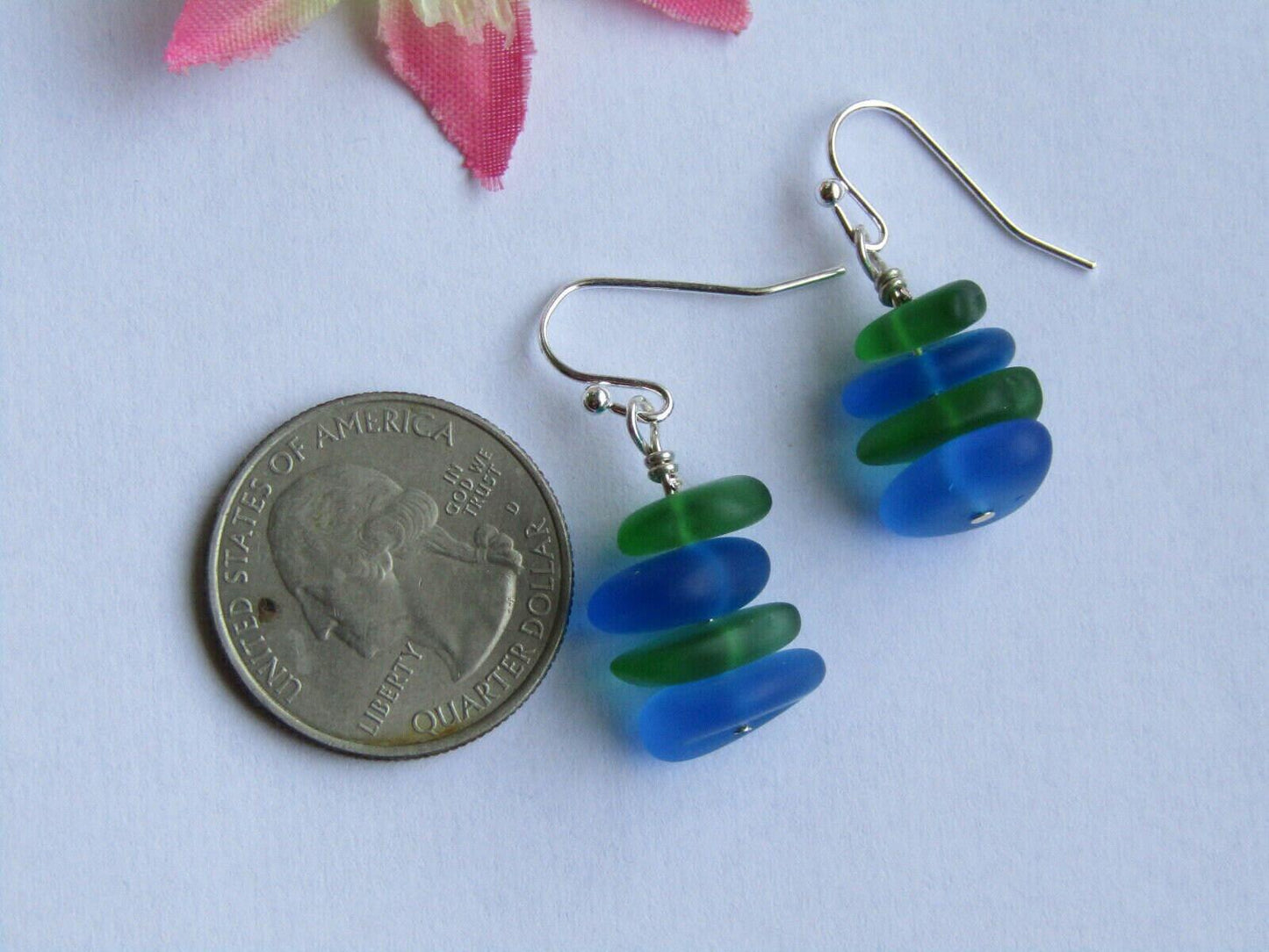 Stacked Sea Glass Earrings: Sterling Silver Dangles, Green & Blue Beach Jewelry