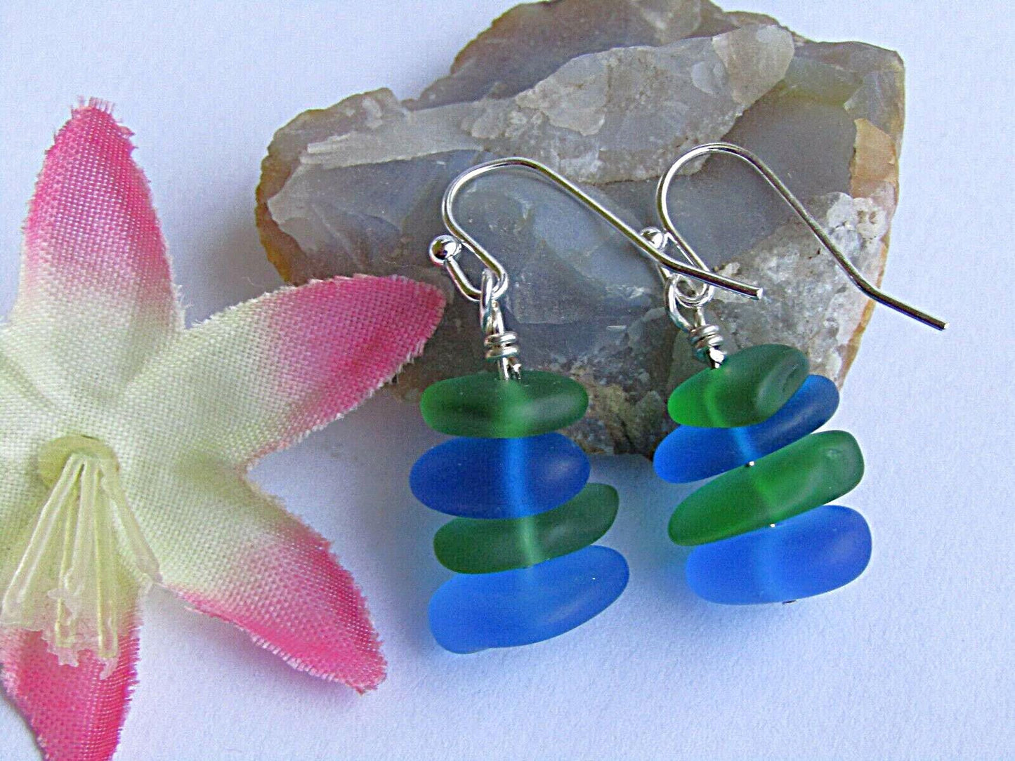 Stacked Sea Glass Earrings: Sterling Silver Dangles, Green & Blue Beach Jewelry