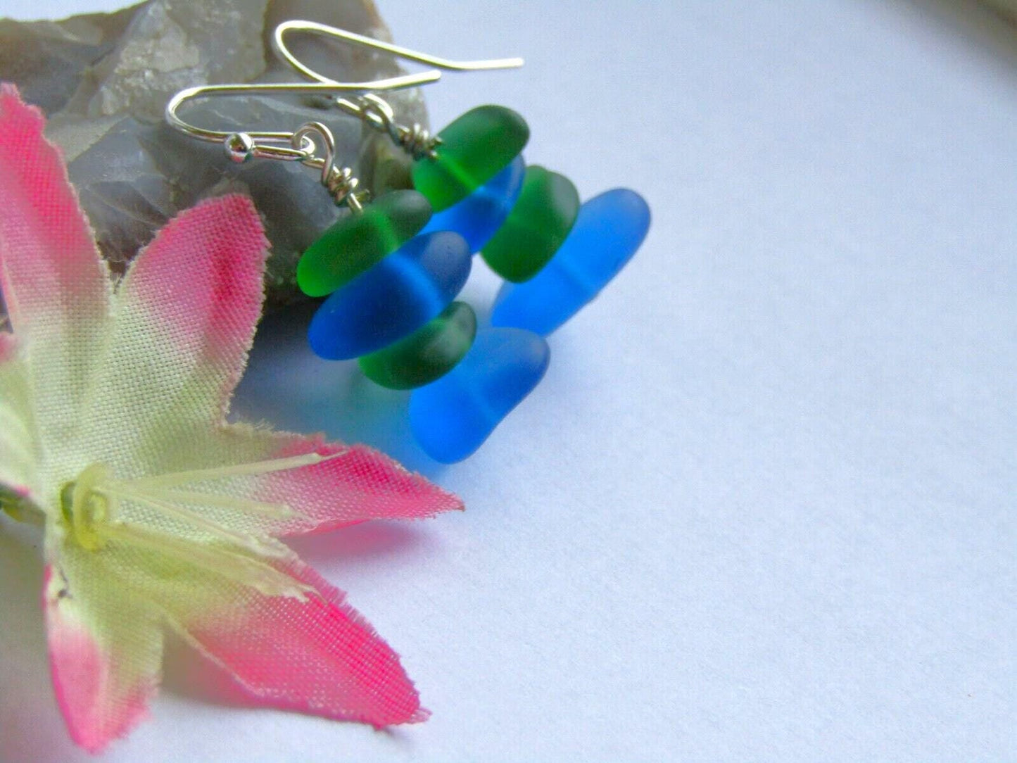 Stacked Sea Glass Earrings: Sterling Silver Dangles, Green & Blue Beach Jewelry