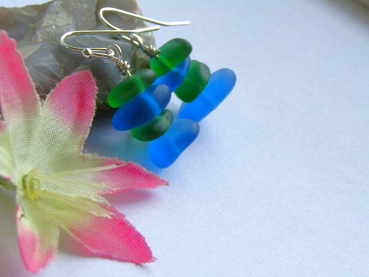 Stacked Sea Glass Earrings: Sterling Silver Dangles, Green & Blue Beach Jewelry