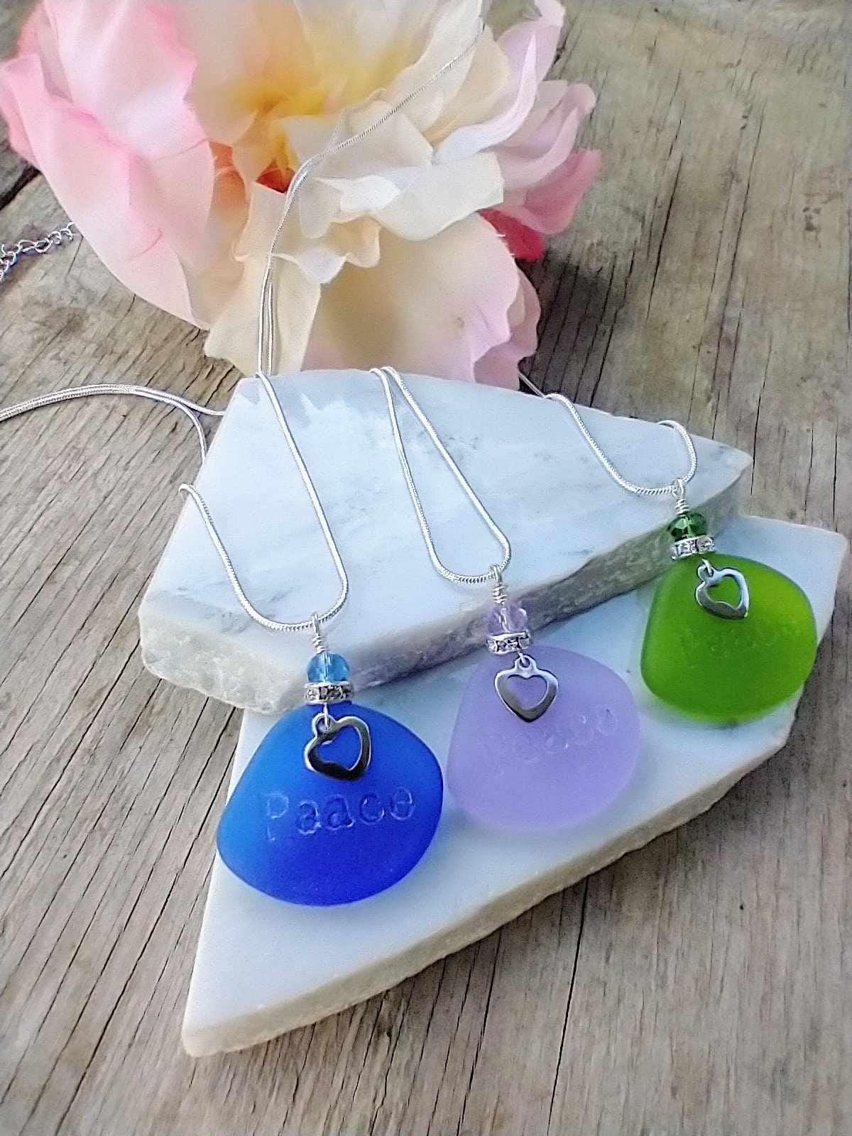 Sea Glass PEACE Necklace: Sterling Silver Chain, Beach Jewelry