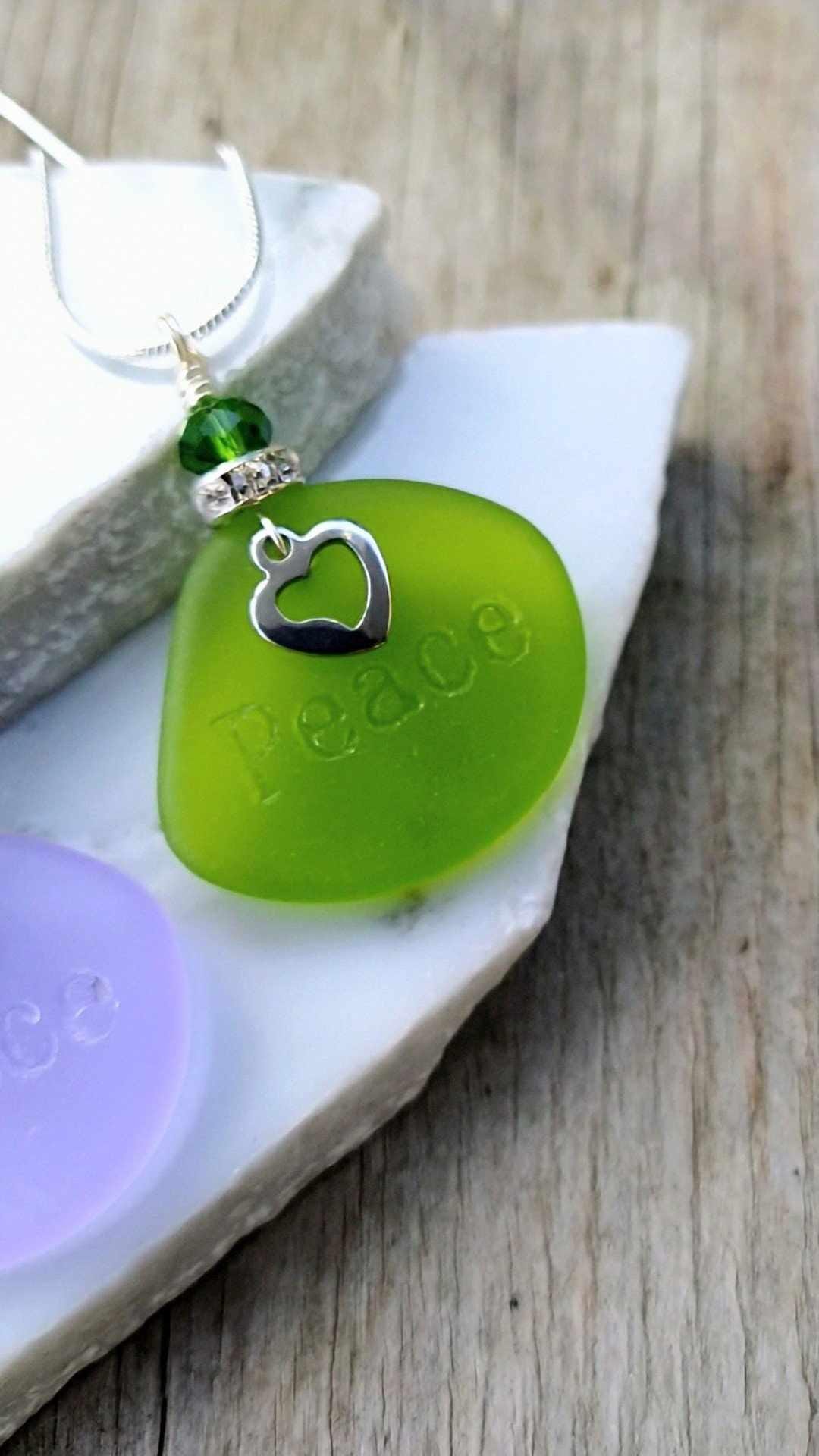 Sea Glass PEACE Necklace: Sterling Silver Chain, Beach Jewelry
