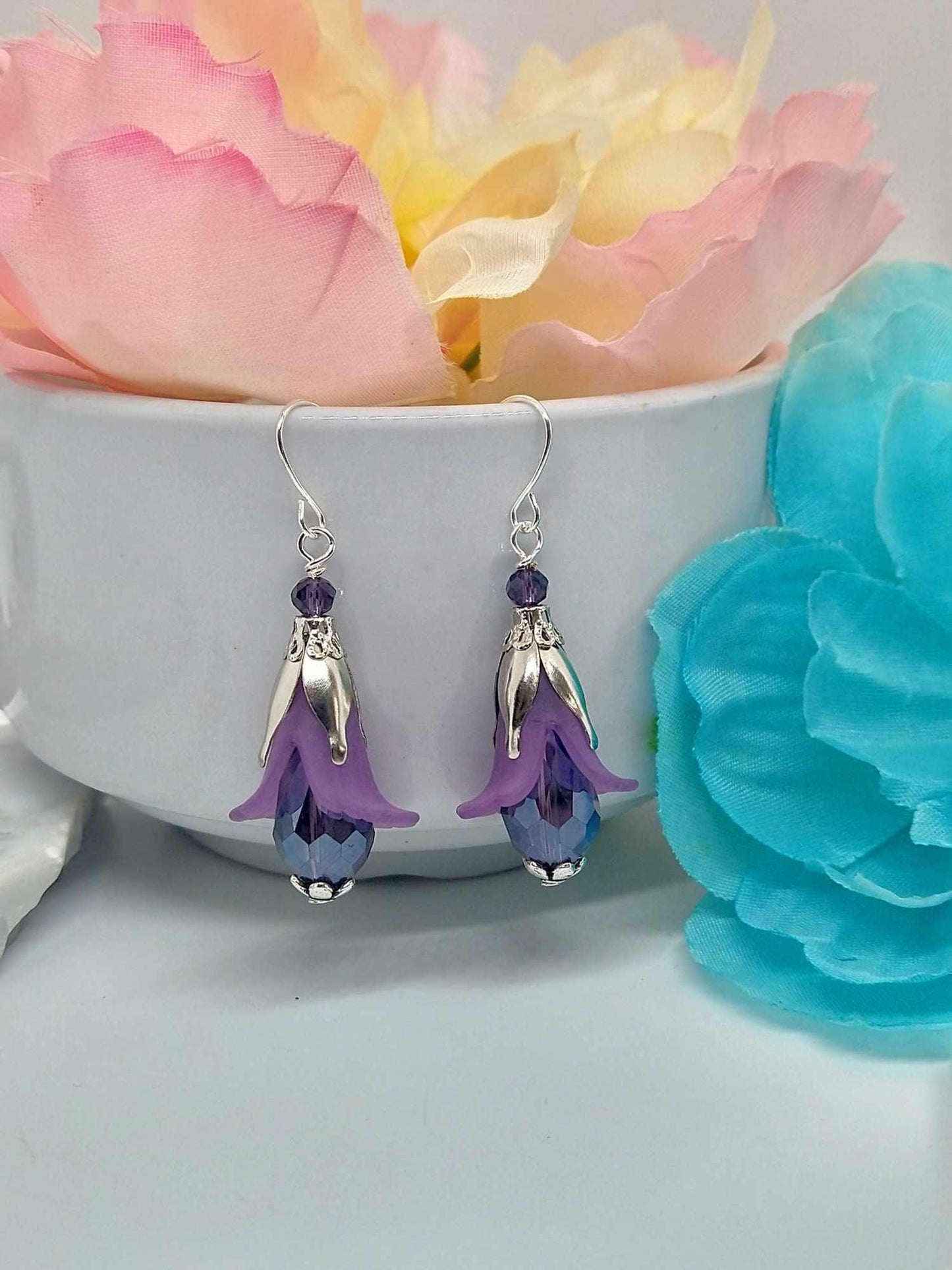 Purple Flower Dangle Earrings: Acrylic Floral Boho Drop Earrings