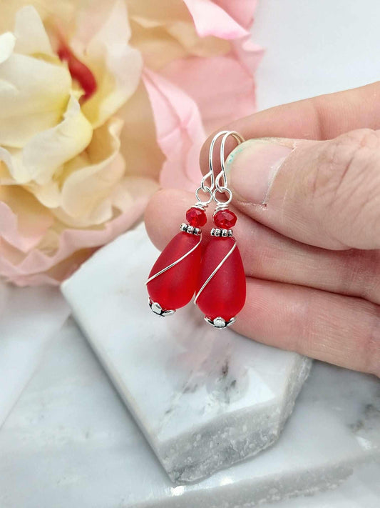 Red Sea Glass Teardrop Dangle Earrings: Sterling Silver Bridal Jewelry
