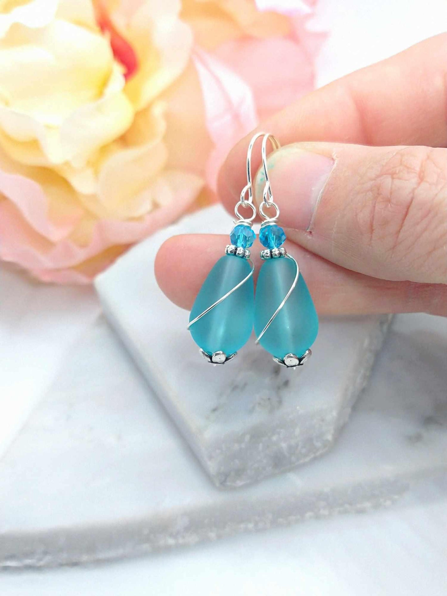 Blue Sea Glass Teardrop Earrings: Sterling Silver Dangle Earrings