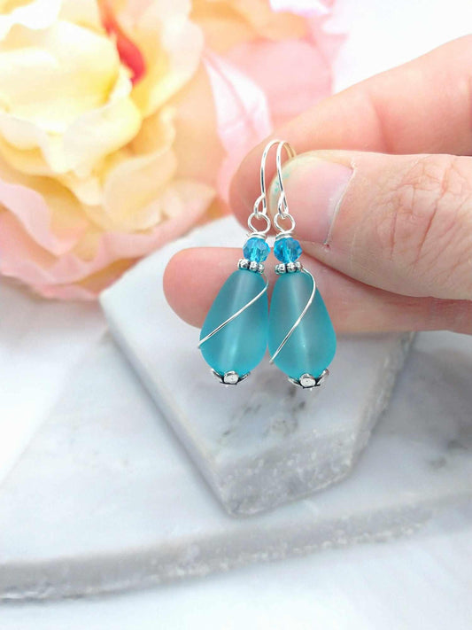 Blue Sea Glass Teardrop Earrings: Sterling Silver Dangle Earrings
