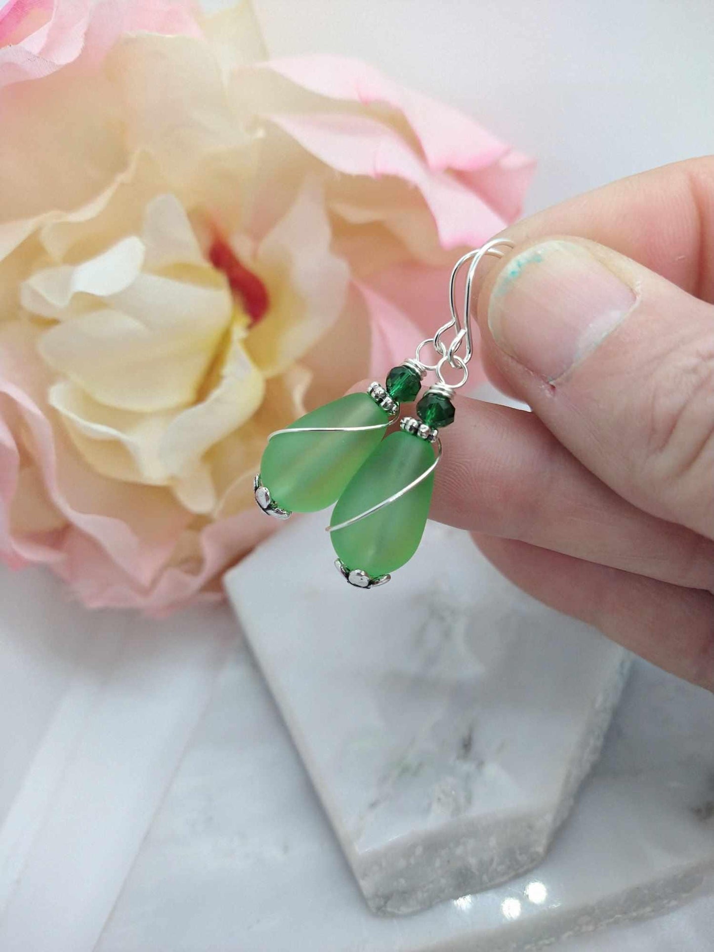 Green Sea Glass Teardrop Earrings: Sterling Silver Dangle Earrings