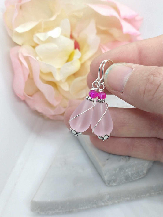 Handcrafted Pink Sea Glass Teardrop Earrings: Sterling Silver Dangle