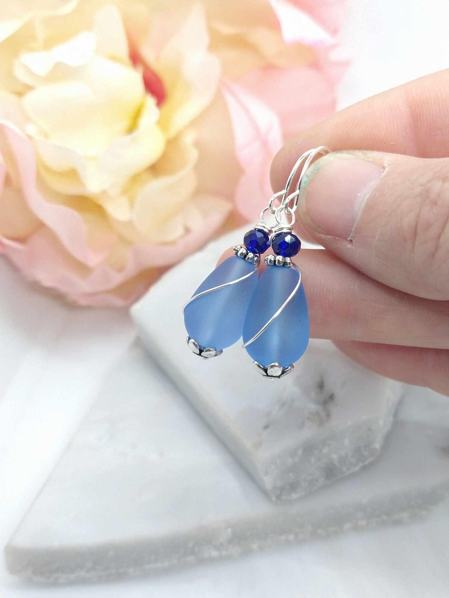 Blue Seaglass Teardrop Dangle Earrings: Sterling Silver, Minimalist Gift