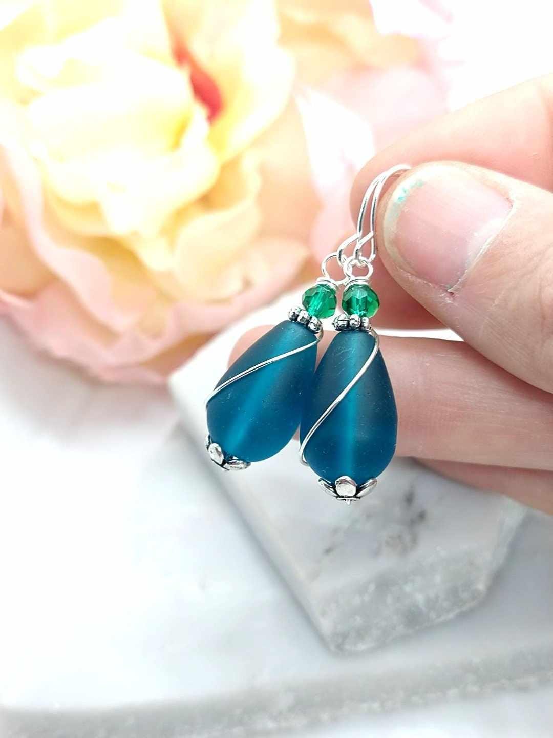 Teal Blue Seaglass Teardrop Earrings: Sterling Silver Dangle Earrings