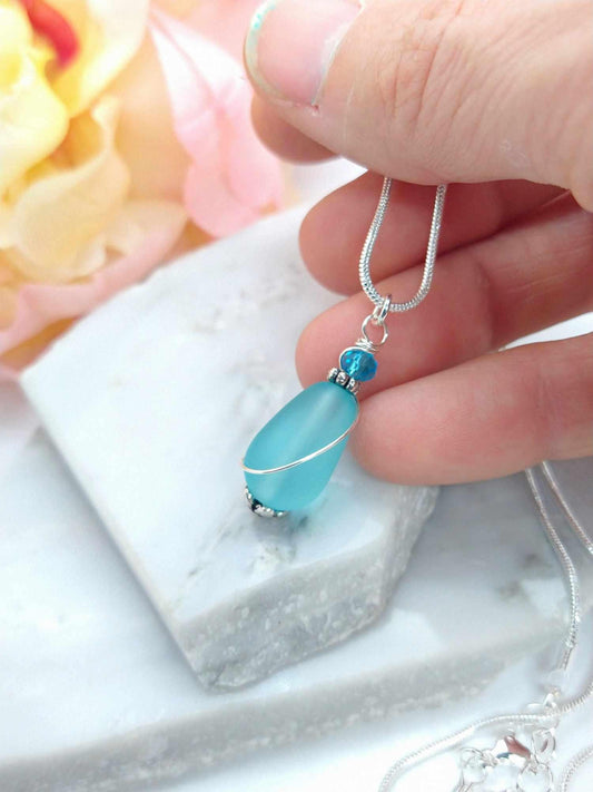 Dainty Aqua Seaglass Teardrop Necklace: Silver Snake Chain, Beach Wedding
