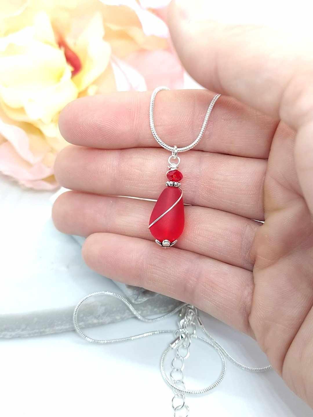 Red Sea Glass Teardrop Pendant Necklace: Silver Chain, Beach Wedding Jewelry
