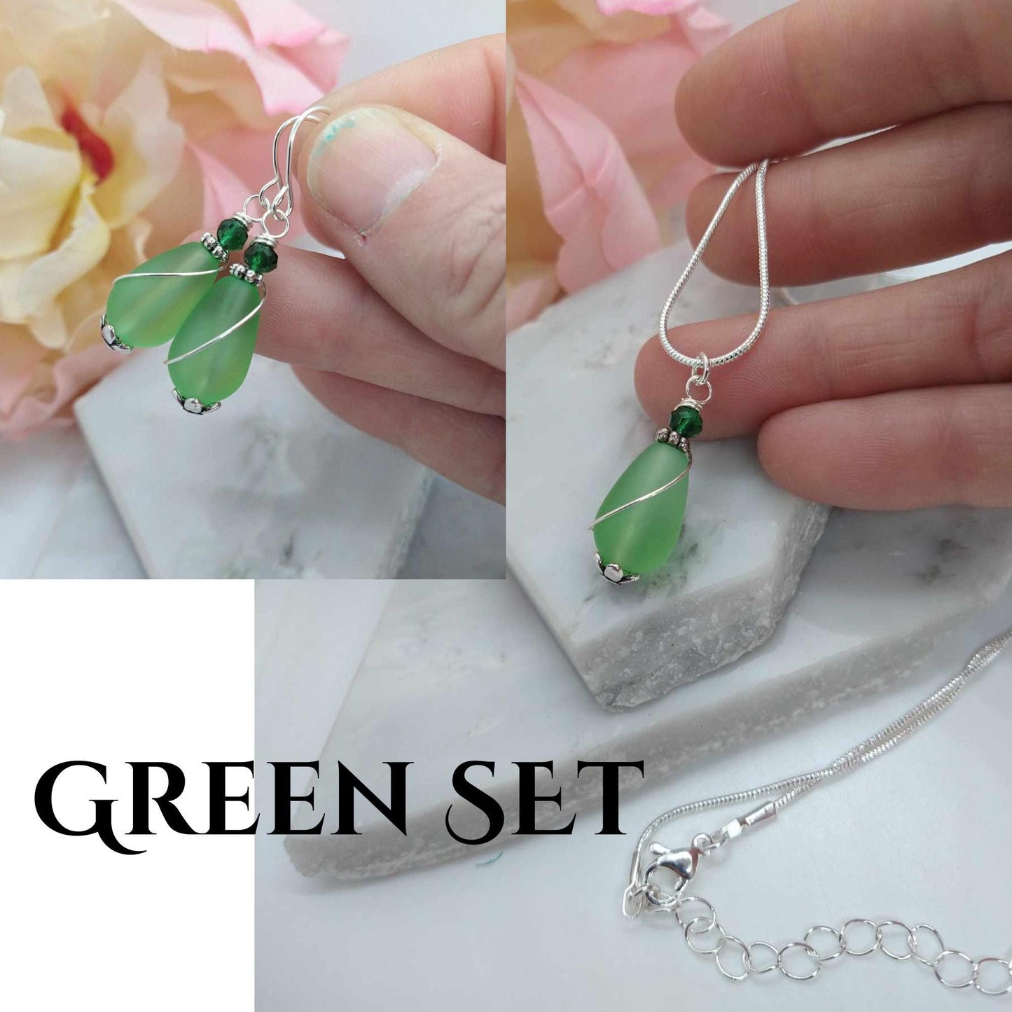 Green Sea Glass Teardrop Necklace: Silver Chain Pendant