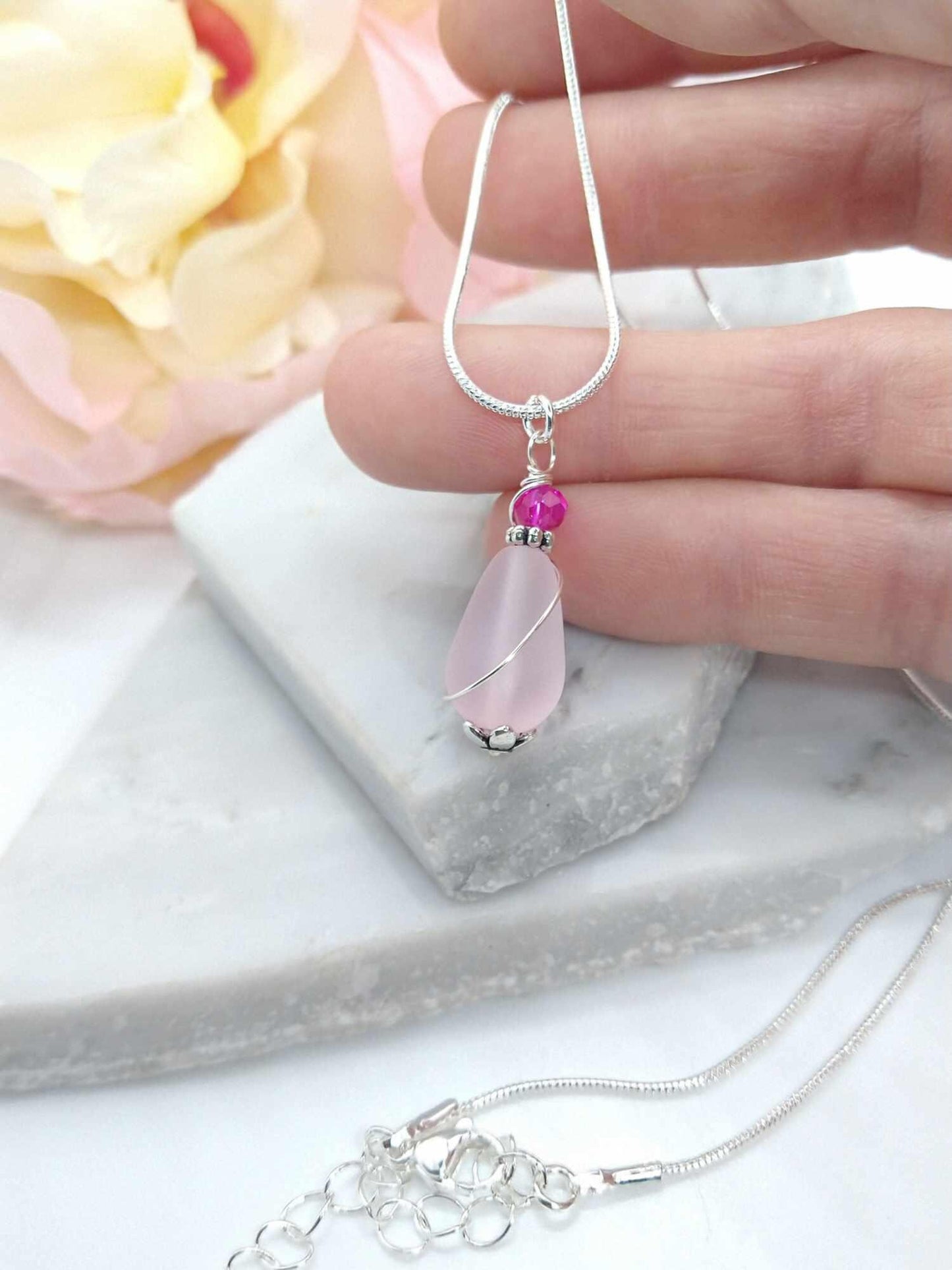 Pink Sea Glass Teardrop Necklace: Silver Snake Chain Pendant