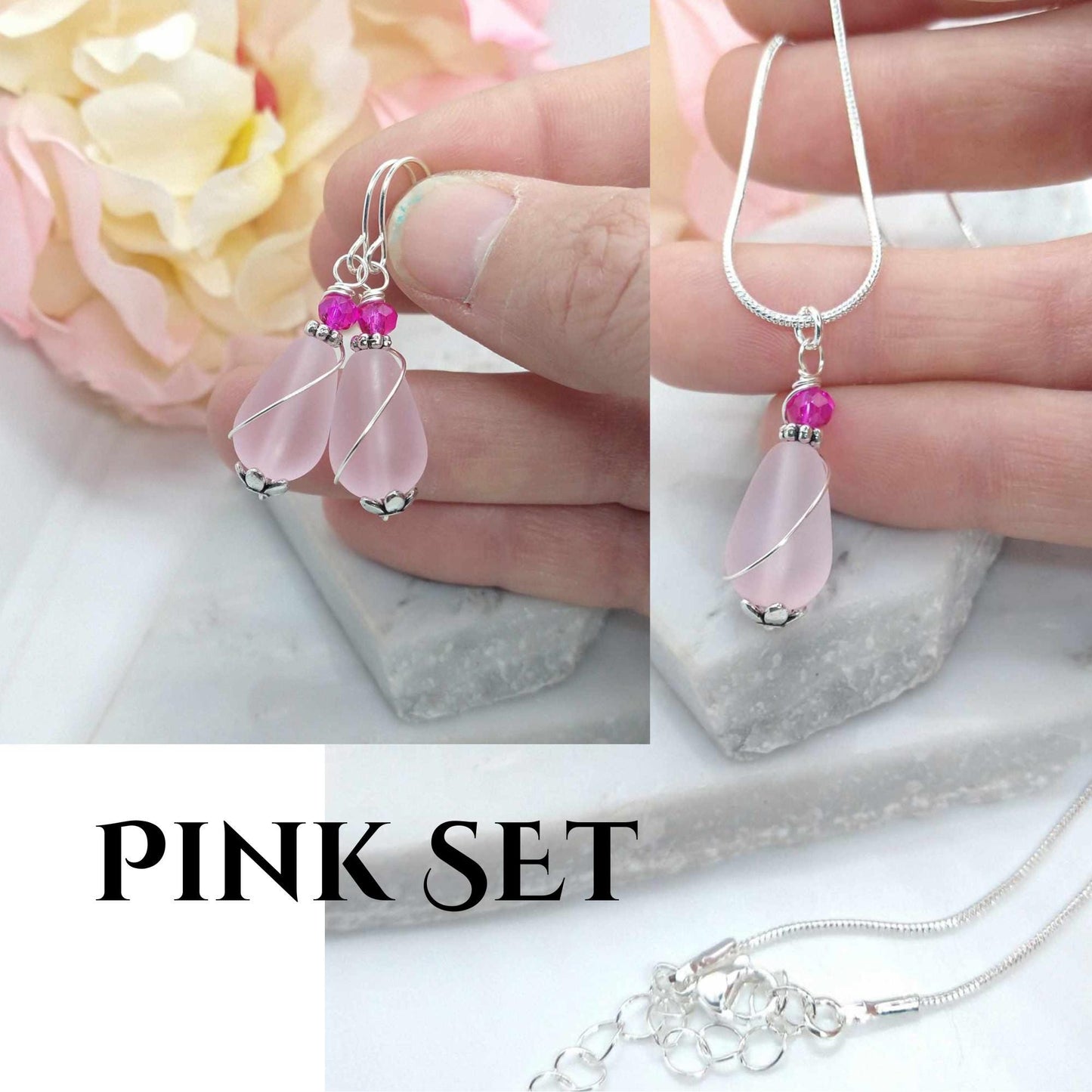 Pink Sea Glass Teardrop Necklace: Silver Snake Chain Pendant