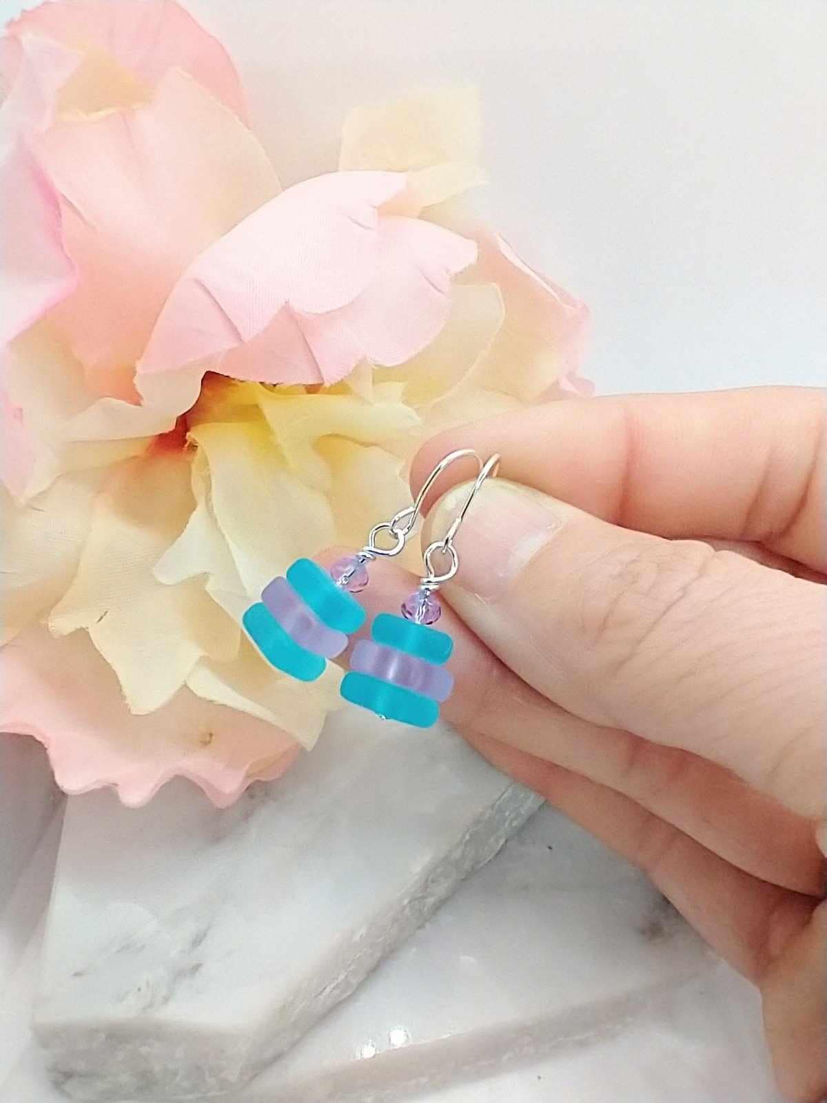 Blue Yellow Sea Glass Earrings: Sterling Silver Dangle Jewelry