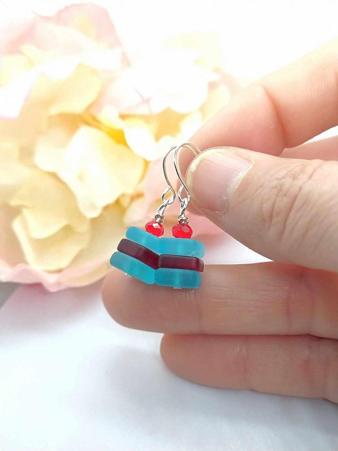 Blue Sea Glass Dangle Earrings: Sterling Silver Beach Jewelry
