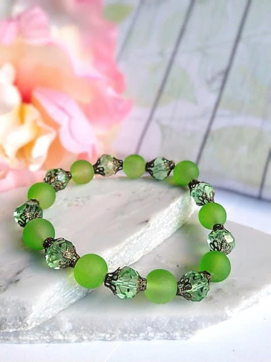 Green Sea Glass Stretch Bracelet: Antique Brass, Frosted Beads