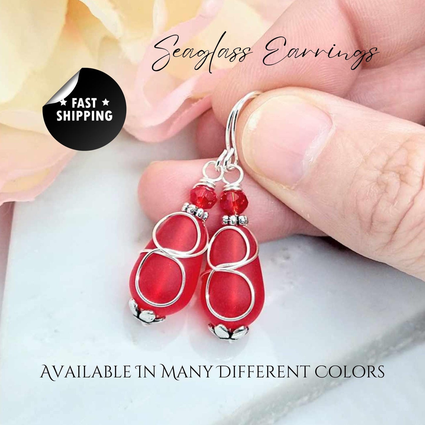 Red Seaglass Teardrop Earrings: Sterling Silver Dangle, Wedding Jewelry