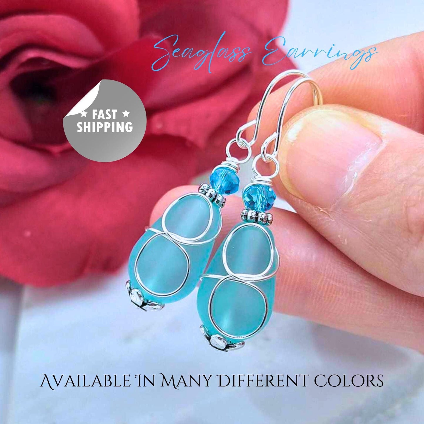 Teardrop Blue Seaglass Earrings: Sterling Silver Dangle Jewelry