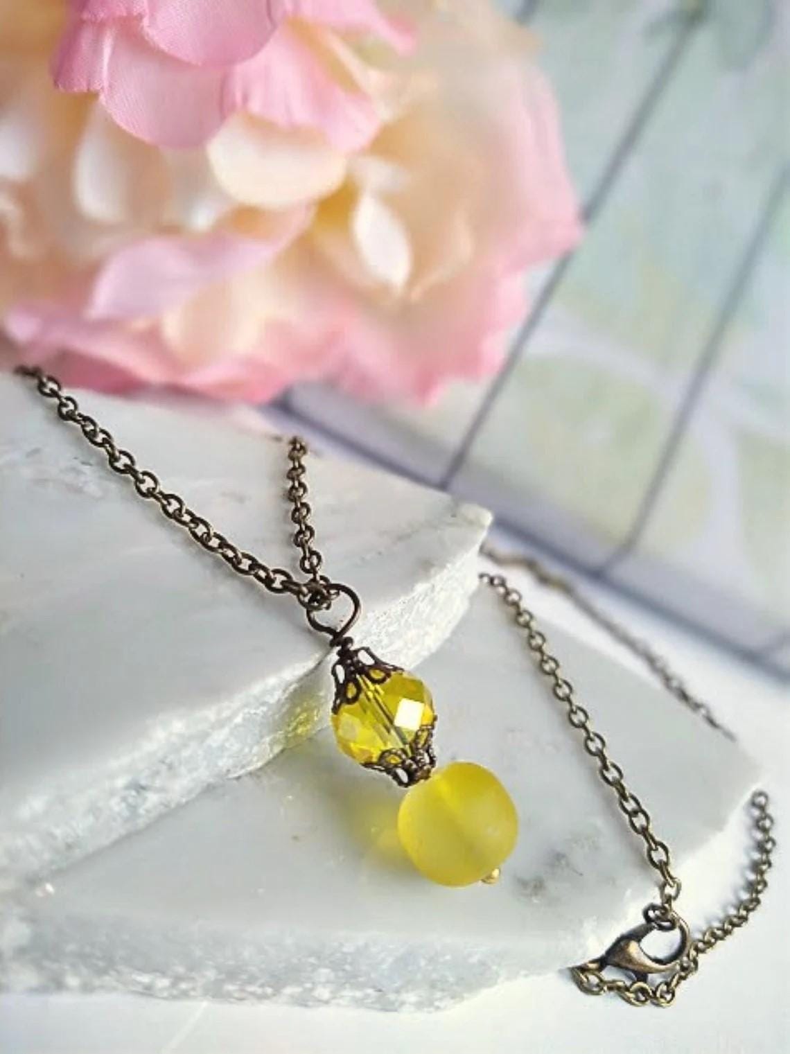 Yellow Sea Glass Necklace, Dainty Chain Necklace, Small Red Stone Drop Pendant Charm Necklace, Gift For Her