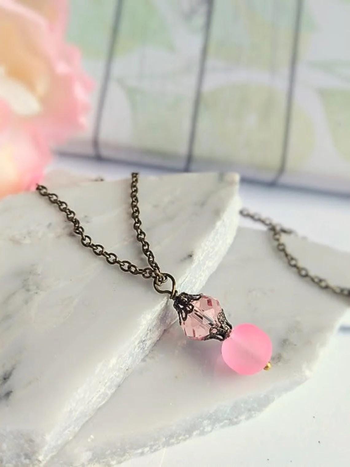 Pink Sea Glass Necklace, Dainty Chain Necklace, Small Red Stone Drop Pendant Charm Necklace, Gift For Her