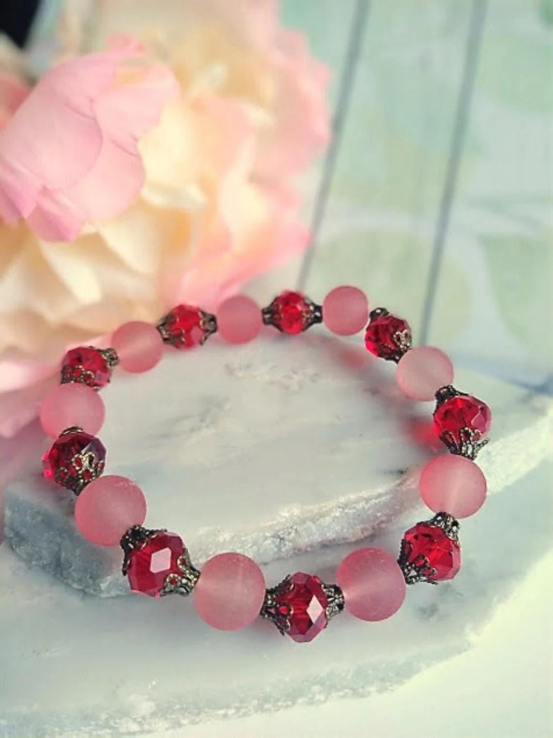 Red Sea Glass Stretch Bracelet: Antique Brass & Crystal