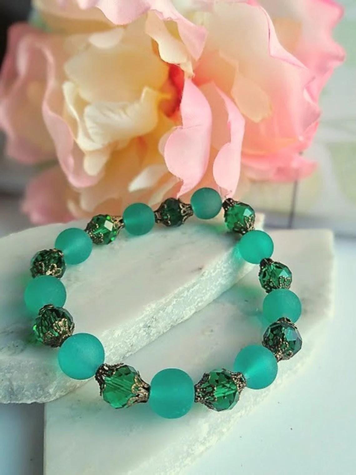 Teal Sea Glass Stretch Bracelet: Brass Bead Caps, Gemstone Jewelry