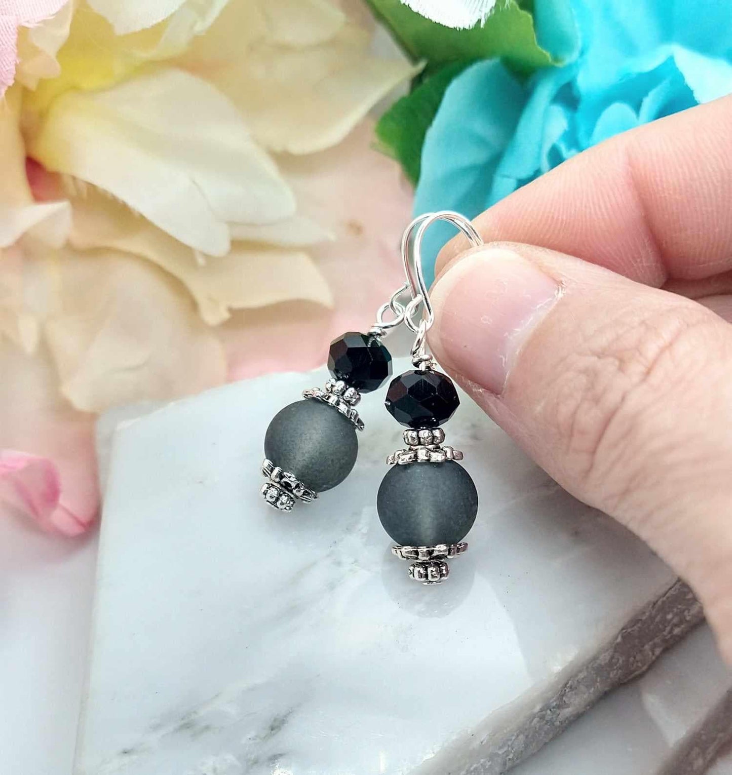 Black Sea Glass Dangle Earrings: Sterling Silver Drop Earrings
