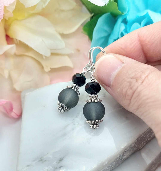 Black Sea Glass Dangle Earrings: Sterling Silver Drop Earrings
