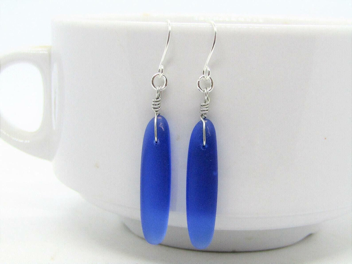 Long Cobalt Seaglass Earrings: Bohemian Silver Dangle Earrings